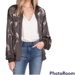 JOHNNY WAS Rare Fauna Crinkle Satin Oversized Bomber Jacket S/M